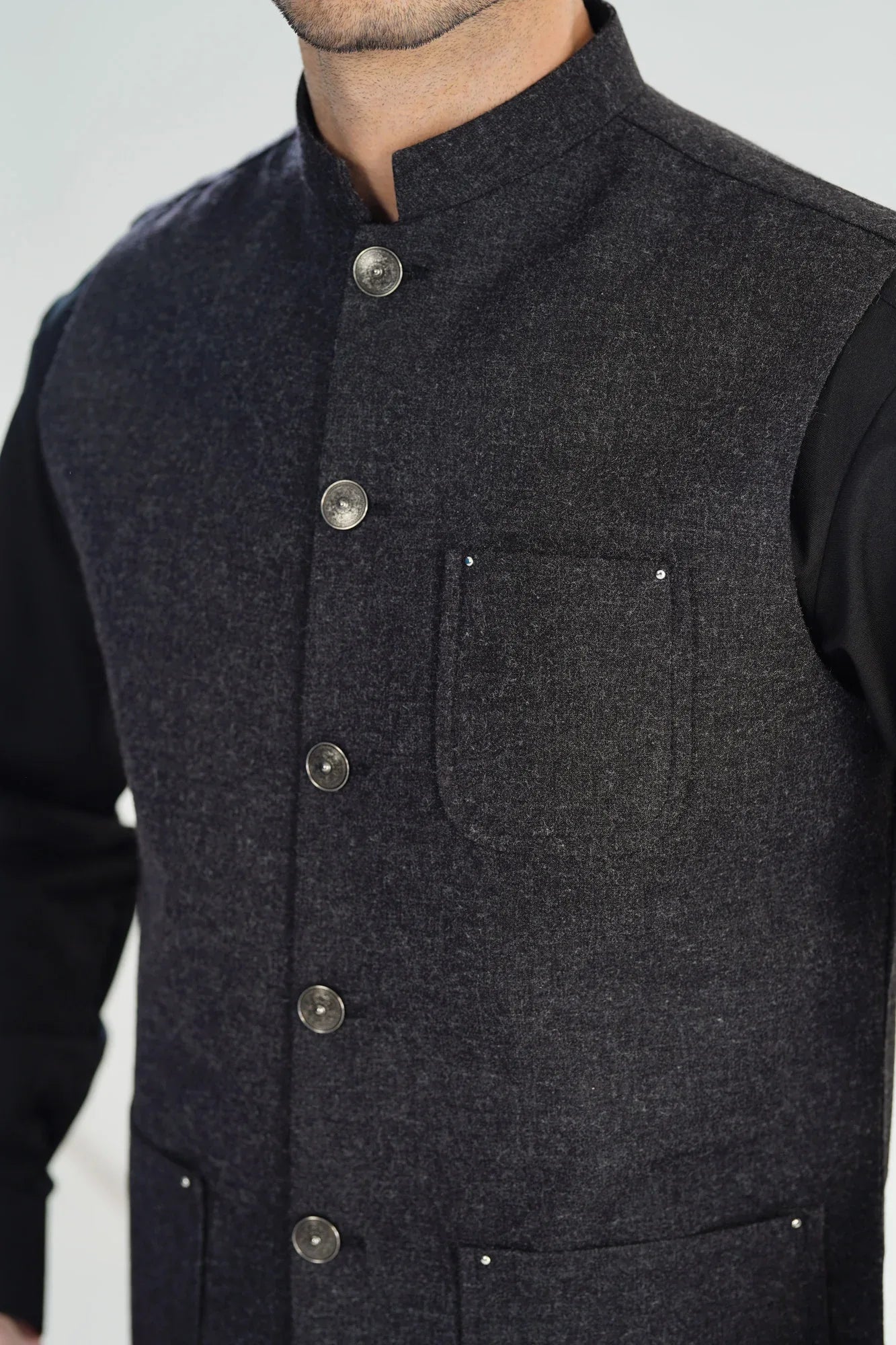 Black Wool Waistcoat - A-Line Cut - Men - Muraqsh -- Menswear