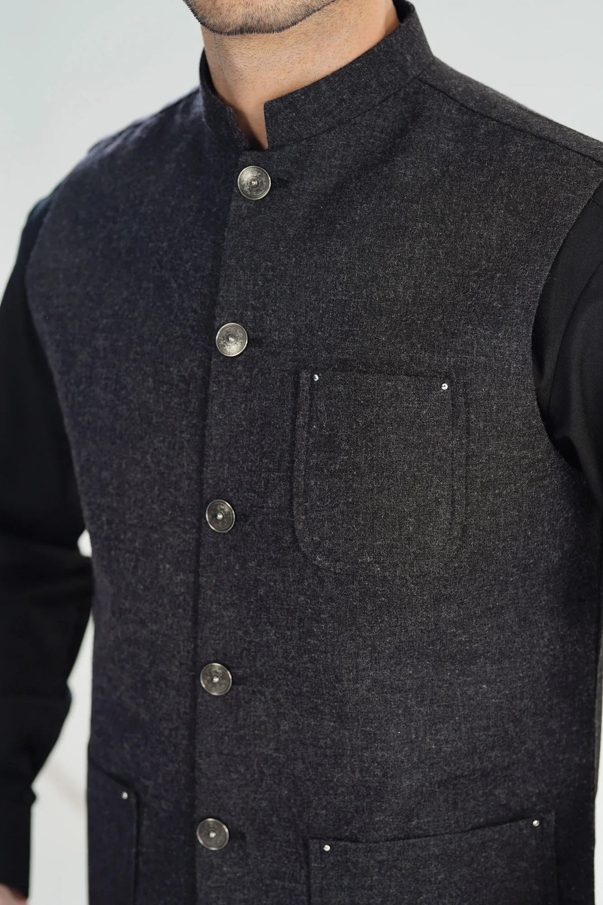Black Kurta Shalwar with Wool Waistcoat - A-Line Cut - Men - Muraqsh -- Menswear