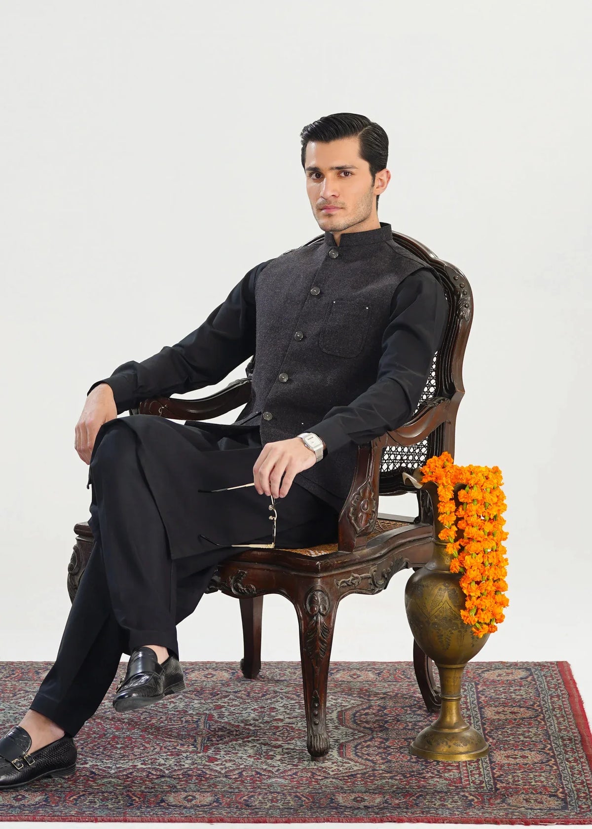 Black Kurta Shalwar with Wool Waistcoat - A-Line Cut - Men - Muraqsh -- Menswear