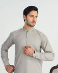 Formal Silver Beige Kurta Shalwar - Collar Neck Embroidered - Men