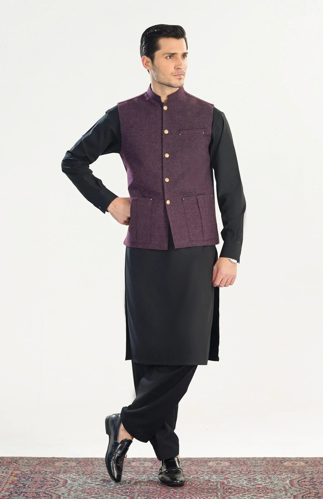 Black Kurta Shalwar with Dark Purple Wool Waistcoat - Straight Cut - Men - Muraqsh -- Menswear