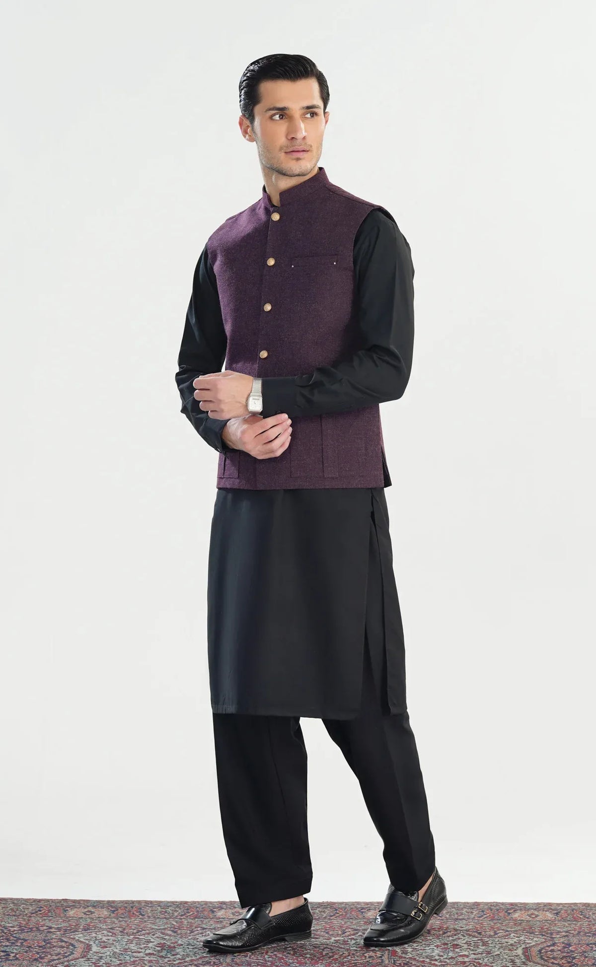 Black Kurta Shalwar with Dark Purple Wool Waistcoat - Straight Cut - Men - Muraqsh -- Menswear
