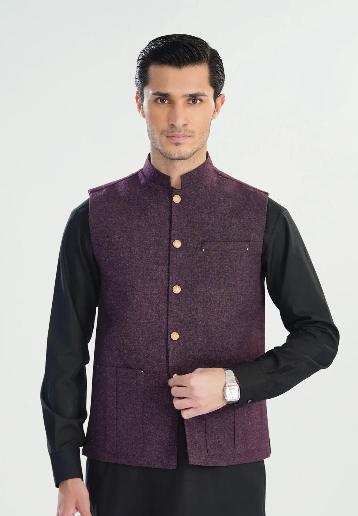 Black Kurta Shalwar with Dark Purple Wool Waistcoat - Straight Cut - Men - Muraqsh -- Menswear