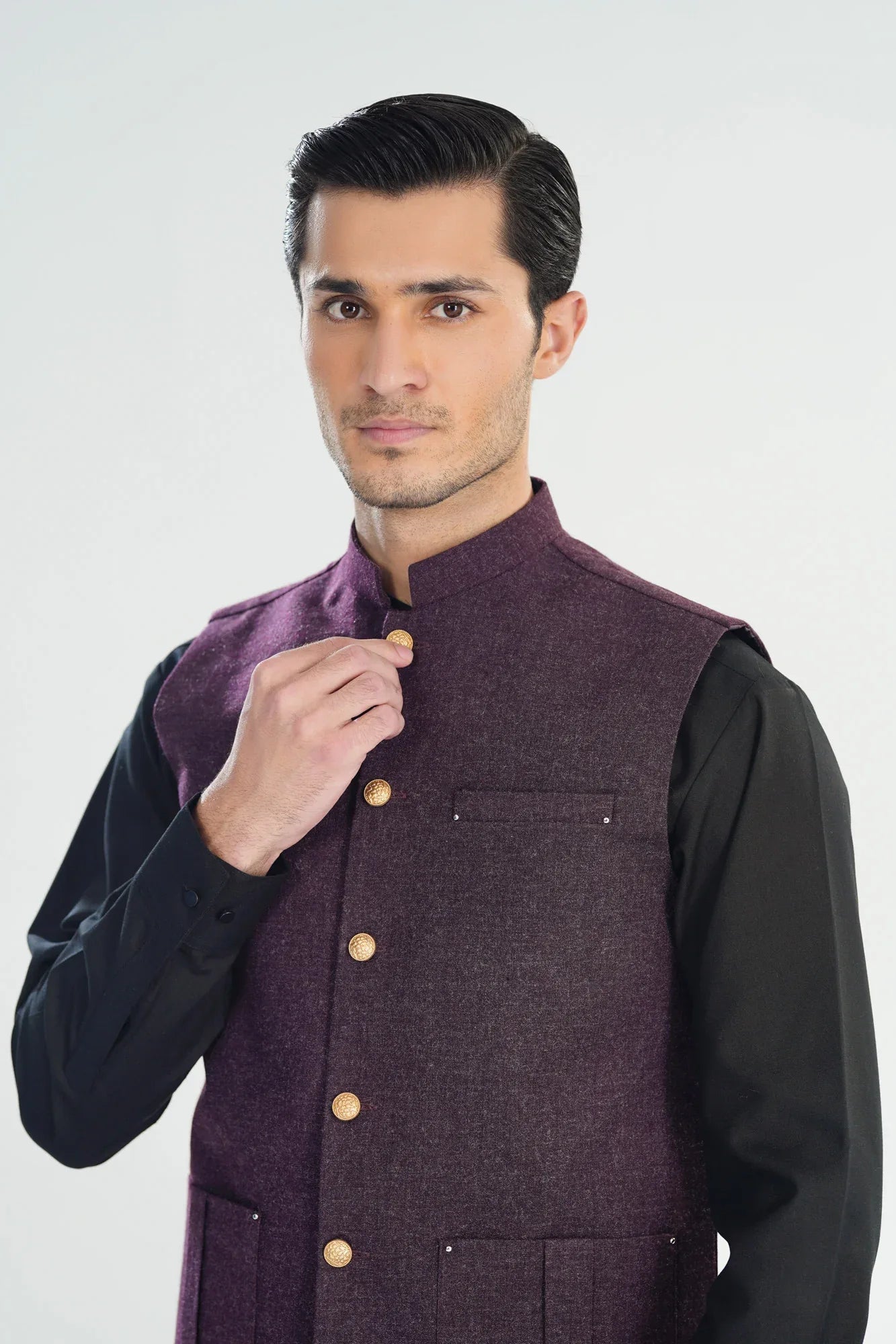 Black Kurta Shalwar with Dark Purple Wool Waistcoat - Straight Cut - Men - Muraqsh -- Menswear