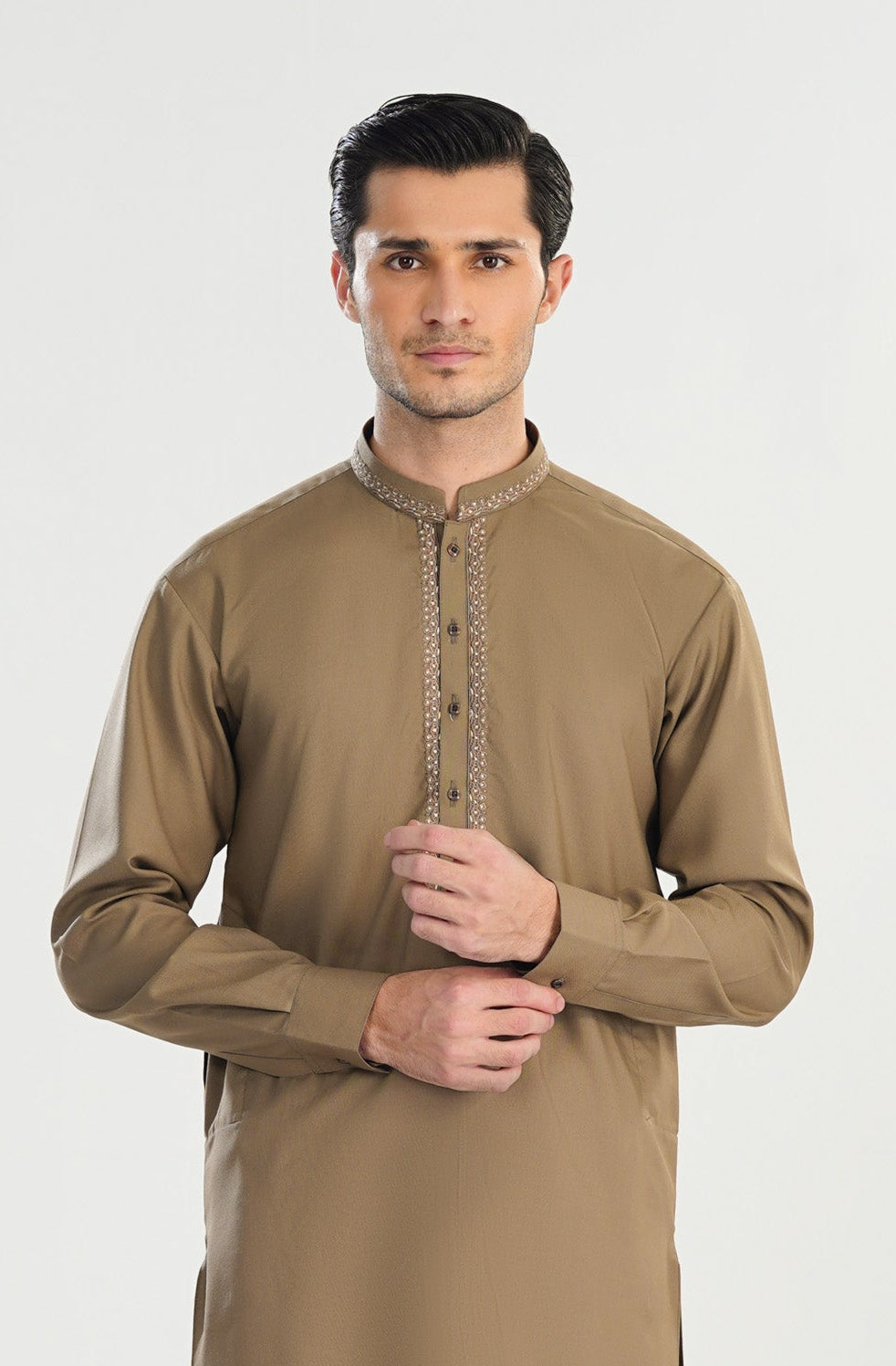 Formal Sand Beige Kurta Shalwar - Collar Neck Embroidered - Men - Men