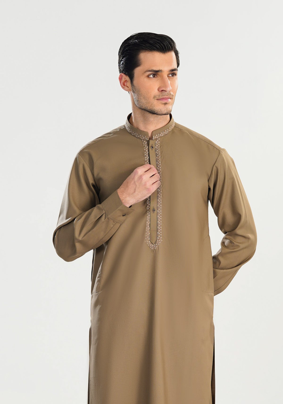 Formal Sand Beige Kurta Shalwar - Collar Neck Embroidered - Men - Men