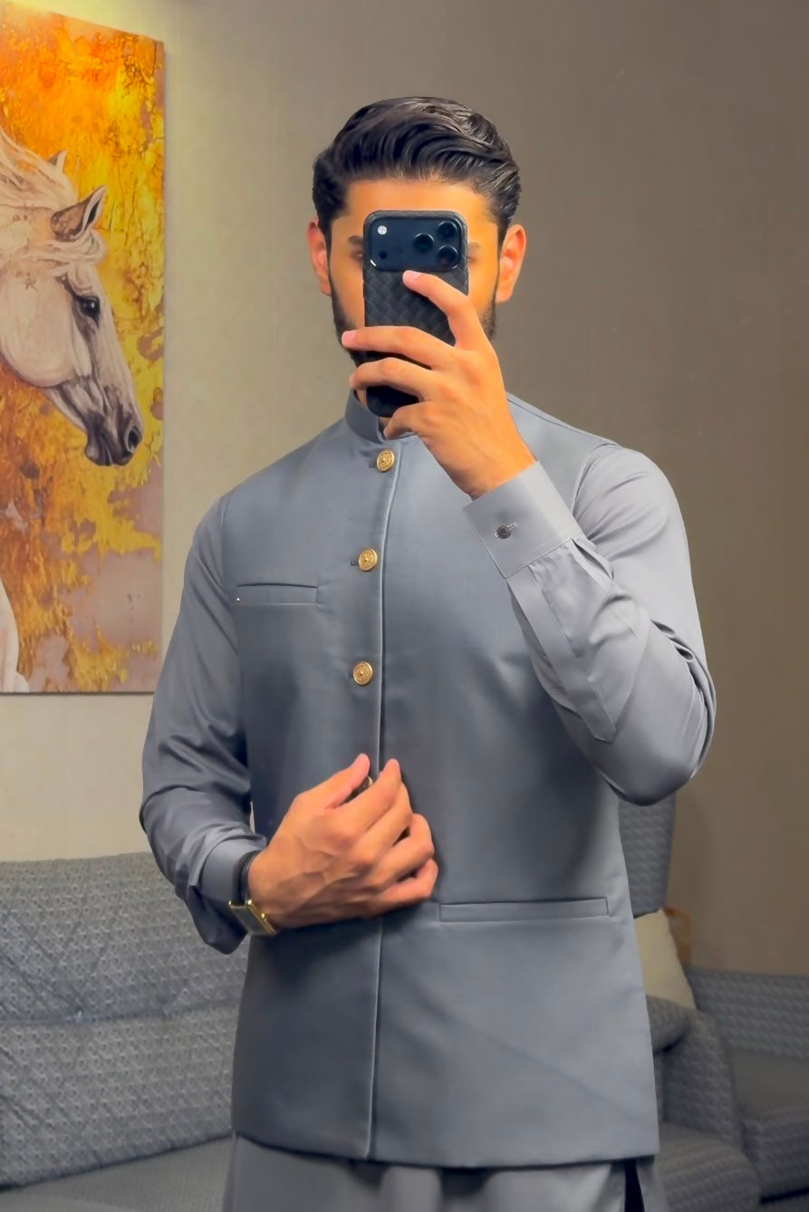 Bluish Grey Kurta Shalwar with Suiting Waistcoat - Straight Cut - Men