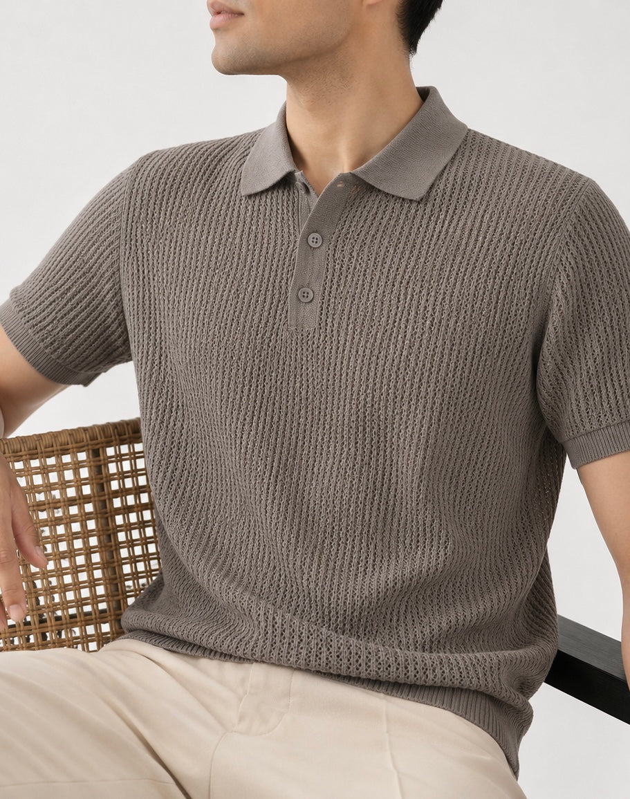 Taupe Atelier Textured Knit Polo