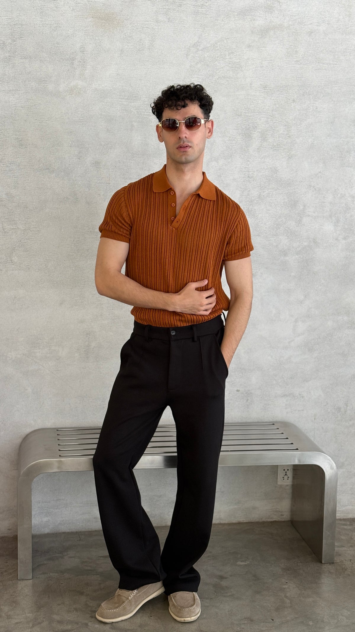 Caramel Heritage Boxy Rib Knit Polo