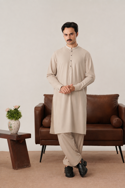 Formal Ash Beige Kurta Shalwar - Collar Neck Embroidered - Men