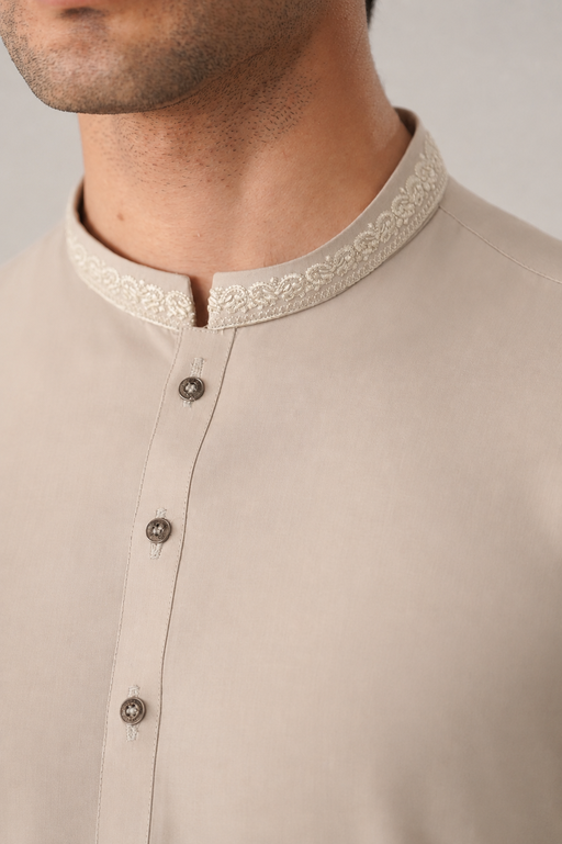 Formal Ash Beige Kurta Shalwar - Collar Neck Embroidered - Men