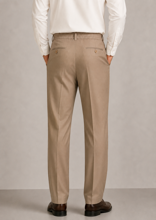 Camel Elasticated Single-Pleat Straight Dress Pants