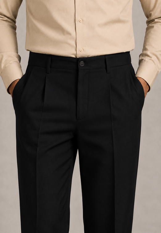 Black Elasticated Single-Pleat Straight Dress Pants