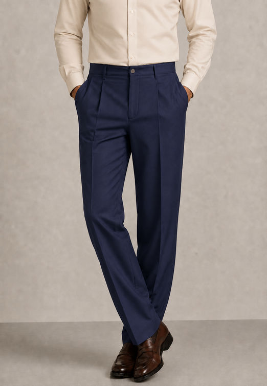 Navy Elasticated Single-Pleat Straight Dress Pants