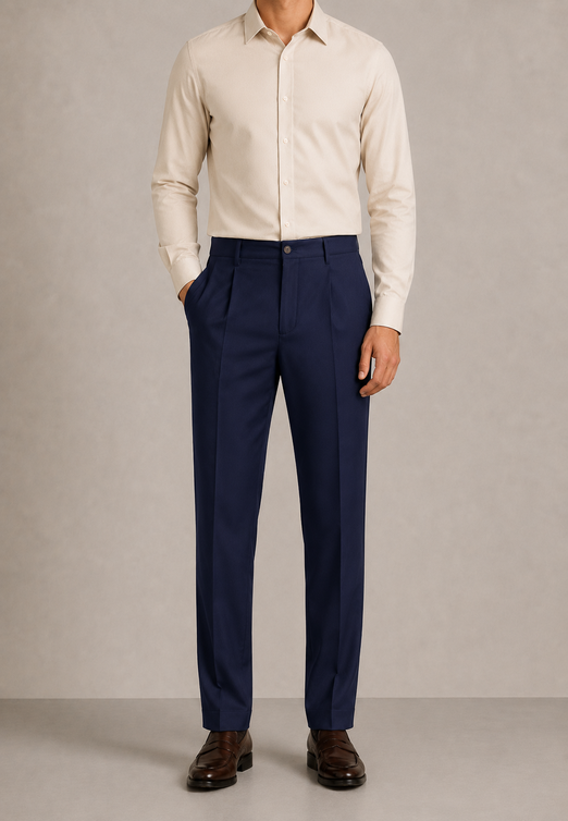 Navy Elasticated Single-Pleat Straight Dress Pants