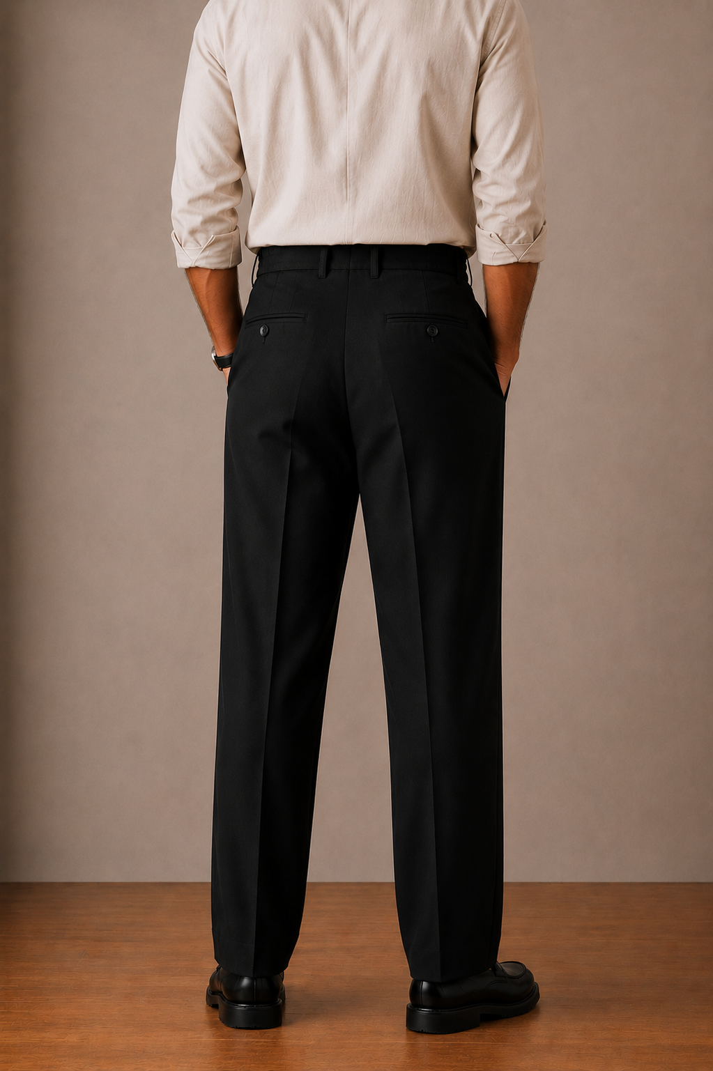 Black Side Elasticated Double-Pleat Straight Dress Pants