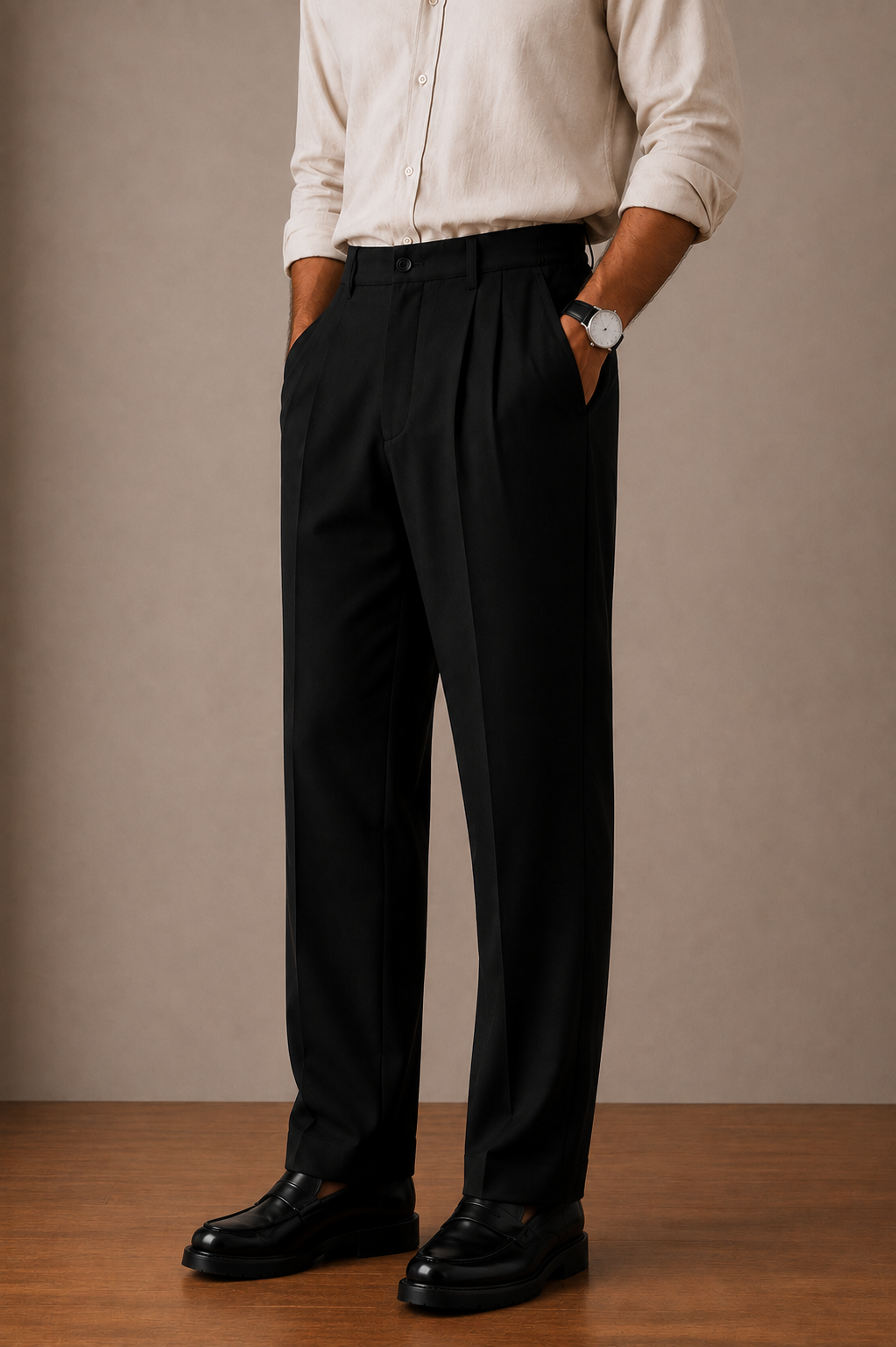 Black Side Elasticated Double-Pleat Straight Dress Pants