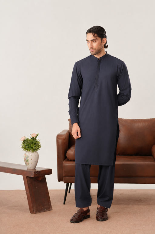 Formal Navy Blue Kurta Shalwar - Collar Neck Embroidered - Men