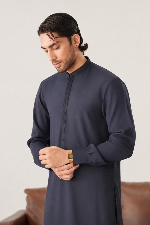 Formal Navy Blue Kurta Shalwar - Collar Neck Embroidered - Men