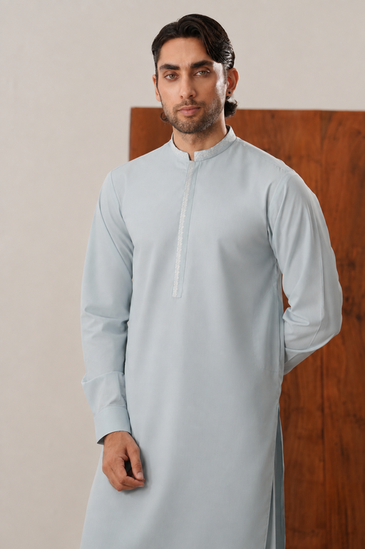 Formal Sky Blue Kurta Shalwar - Collar Neck Embroidered - Men