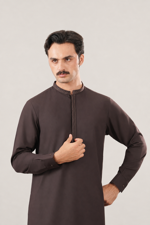 Formal Dark Brown Kurta Shalwar - Collar Neck Embroidered - Men