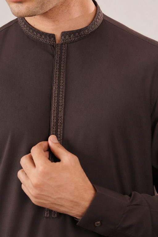 Formal Dark Brown Kurta Shalwar - Collar Neck Embroidered - Men