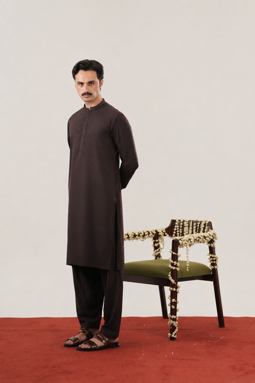 Formal Dark Brown Kurta Shalwar - Collar Neck Embroidered - Men