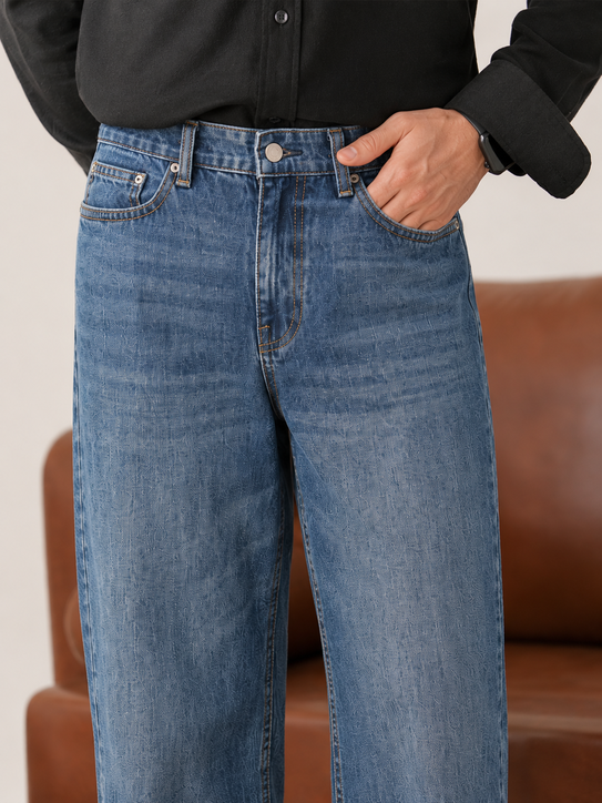 Mid Wash Blue Straight Fit Denim