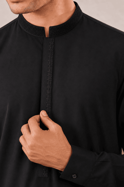 Formal Black Kurta Shalwar - Collar Neck Embroidered - Men