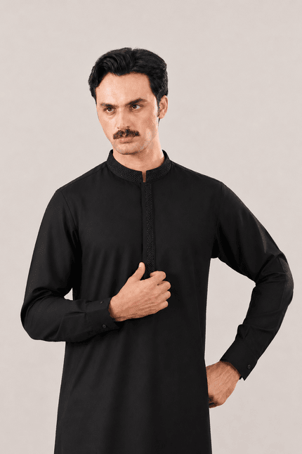 Formal Black Kurta Shalwar - Collar Neck Embroidered - Men