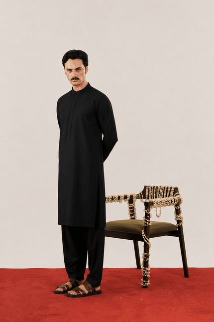 Formal Black Kurta Shalwar - Collar Neck Embroidered - Men