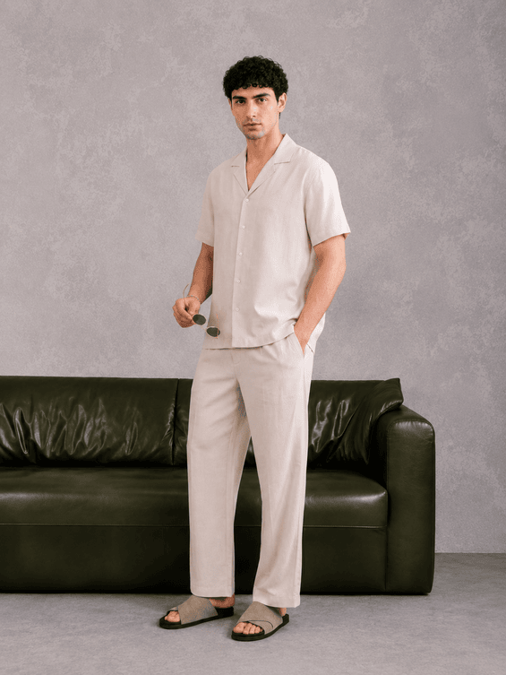 Beige Cotton Blended Coord Set - 2PC - Men