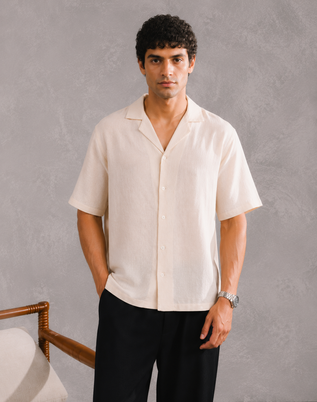 Off white Linen Blended Boxy Shirt - Men