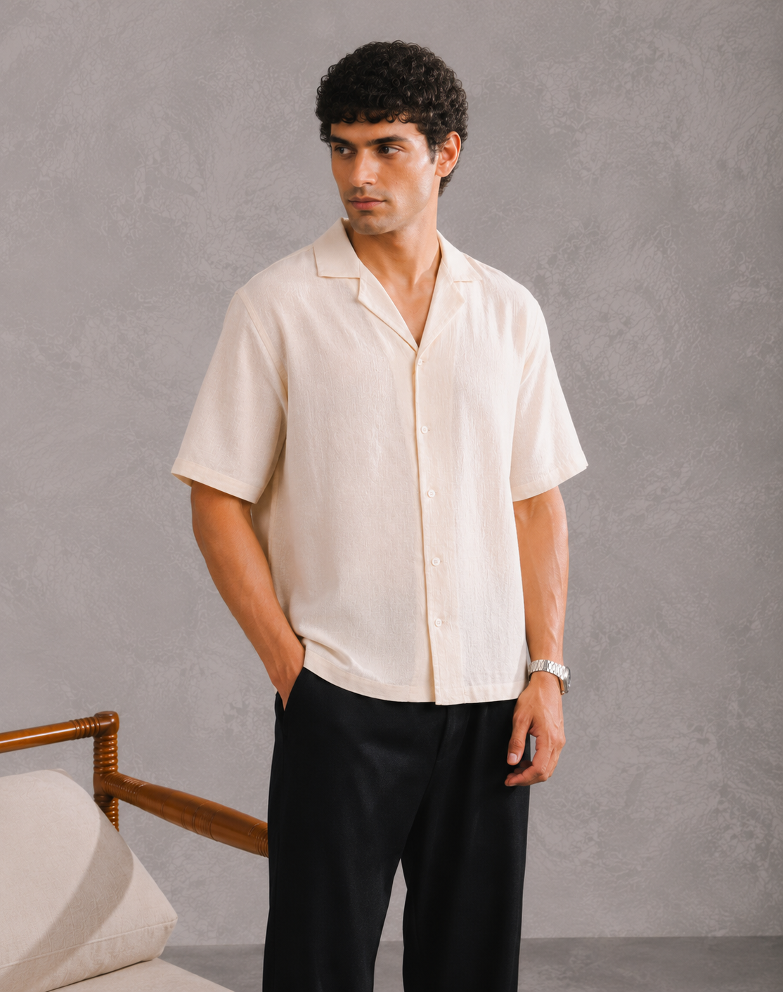 Off white Linen Blended Boxy Shirt - Men