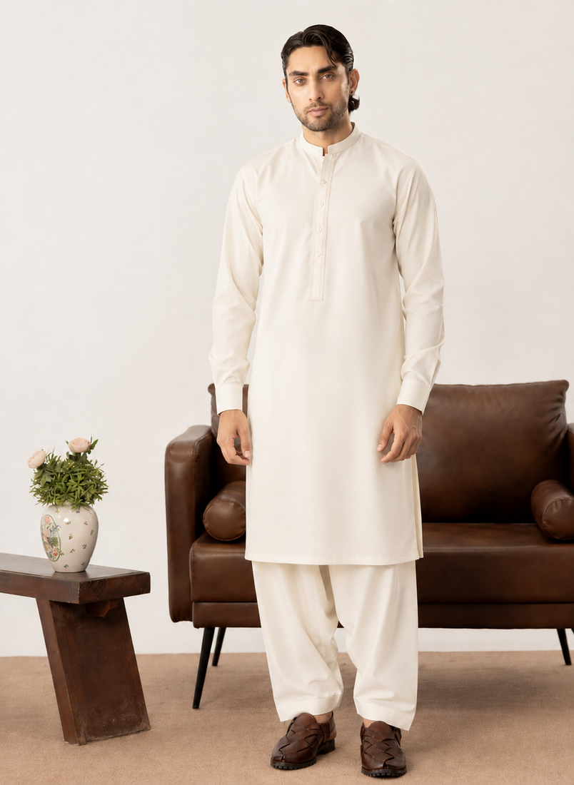 Formal Bosky White Kurta Shalwar - Collar Neck Embroidered - Men