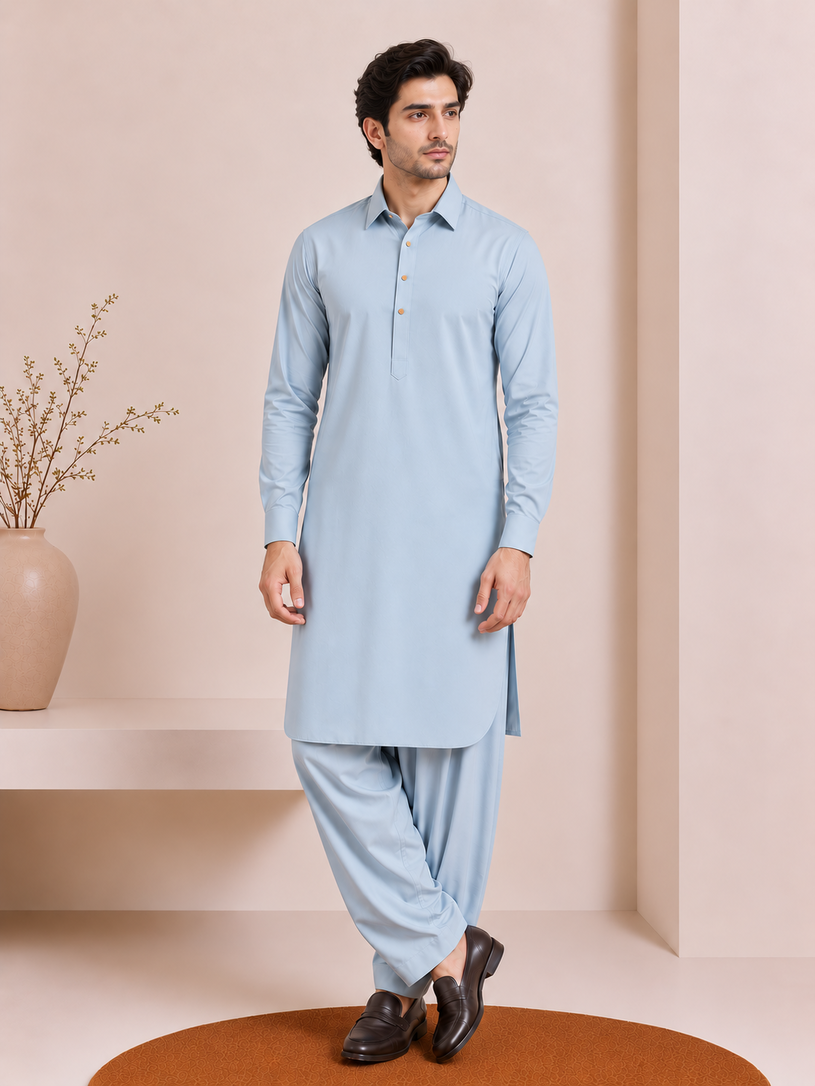 Sky Blue French Collar Kameez Shalwar - Men
