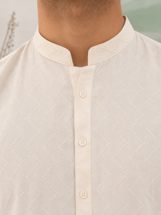 Off White Cotton Embroidered Kurta Trouser - Men