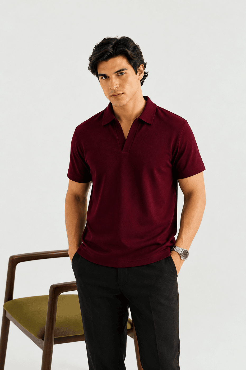 Maroon Mesh Thermal Knit Polo - Smart Fit - Men - Men