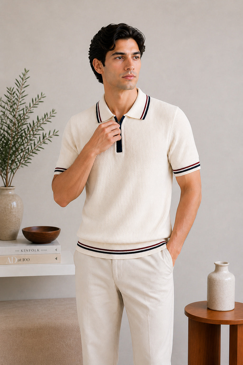 Ecru Riviera Zip Knit Polo - Men