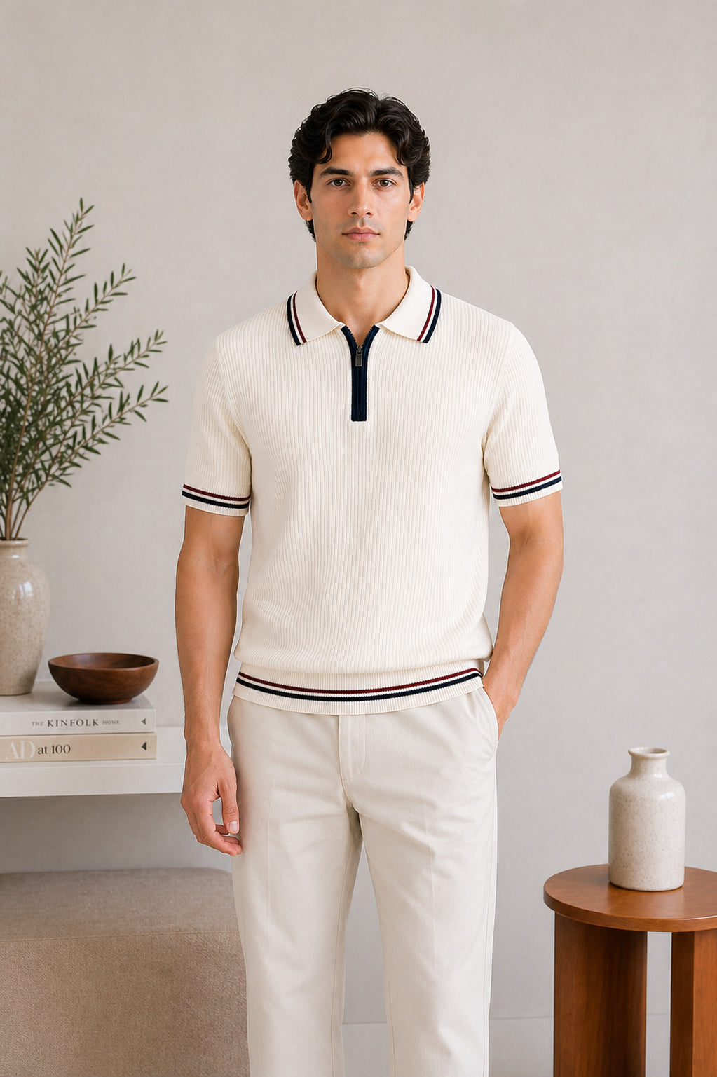 Ecru Riviera Zip Knit Polo - Men