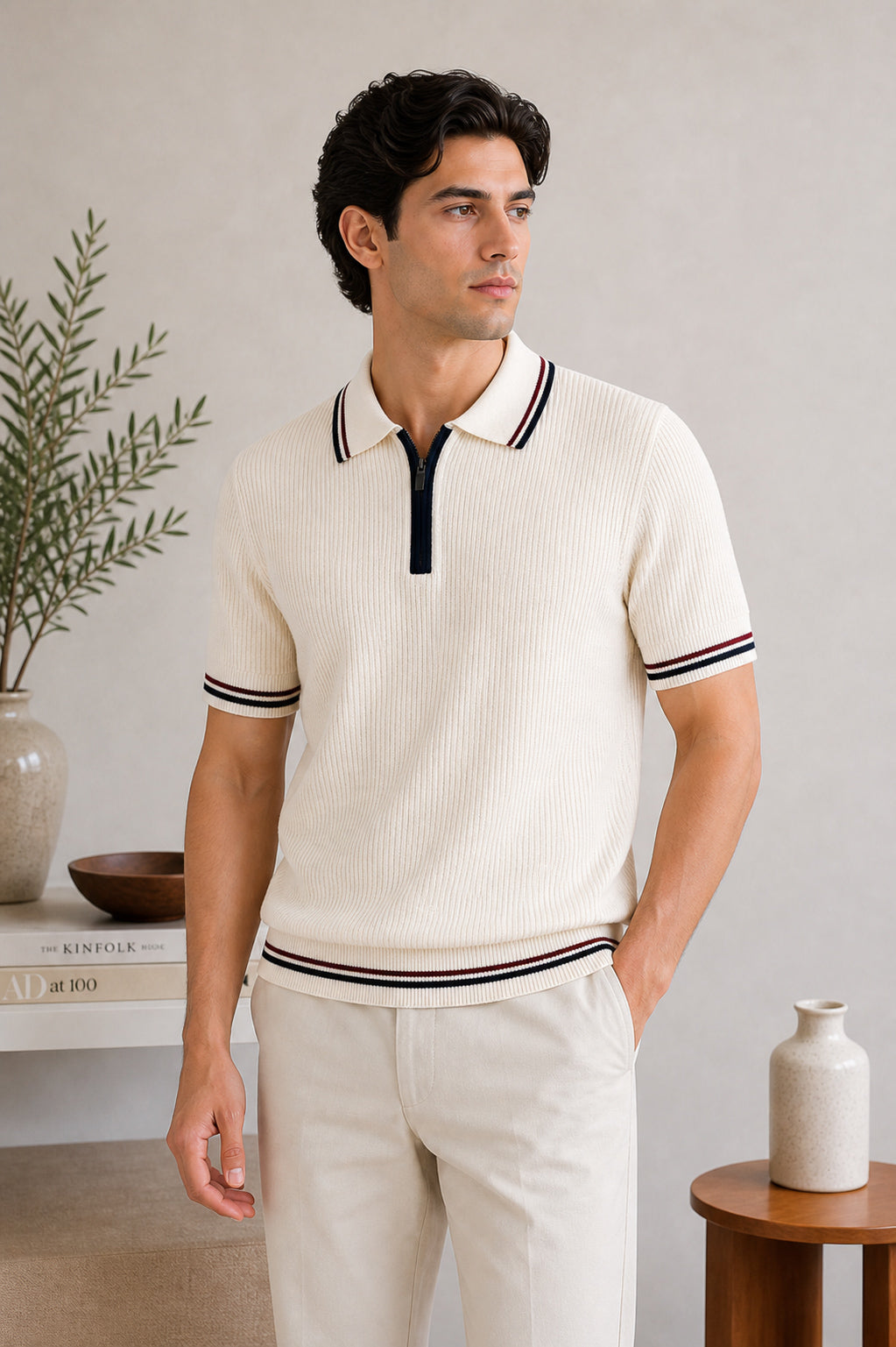 Ecru Riviera Zip Knit Polo - Men