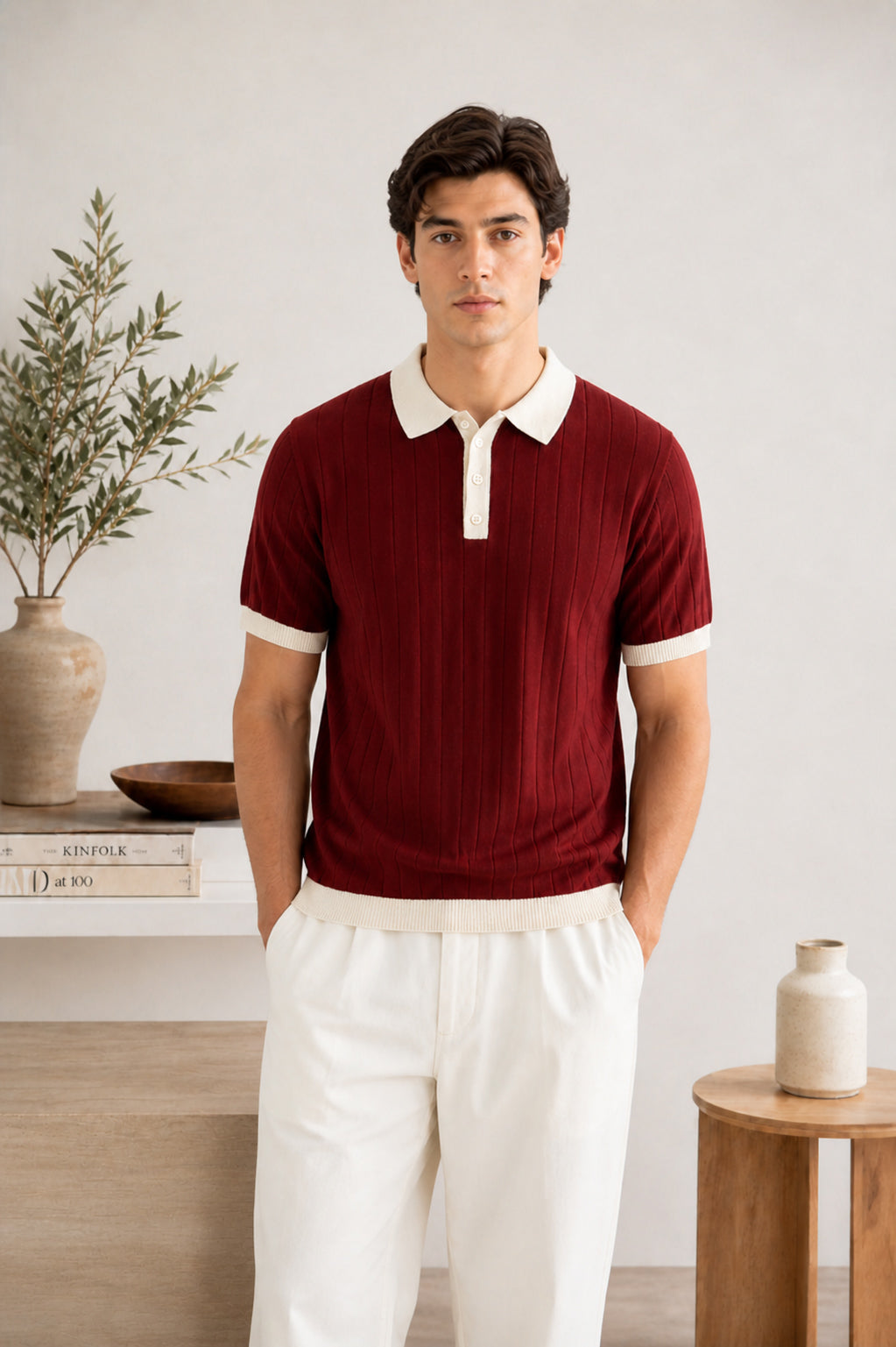 Maroon Classic Contrast Knit Polo - Men