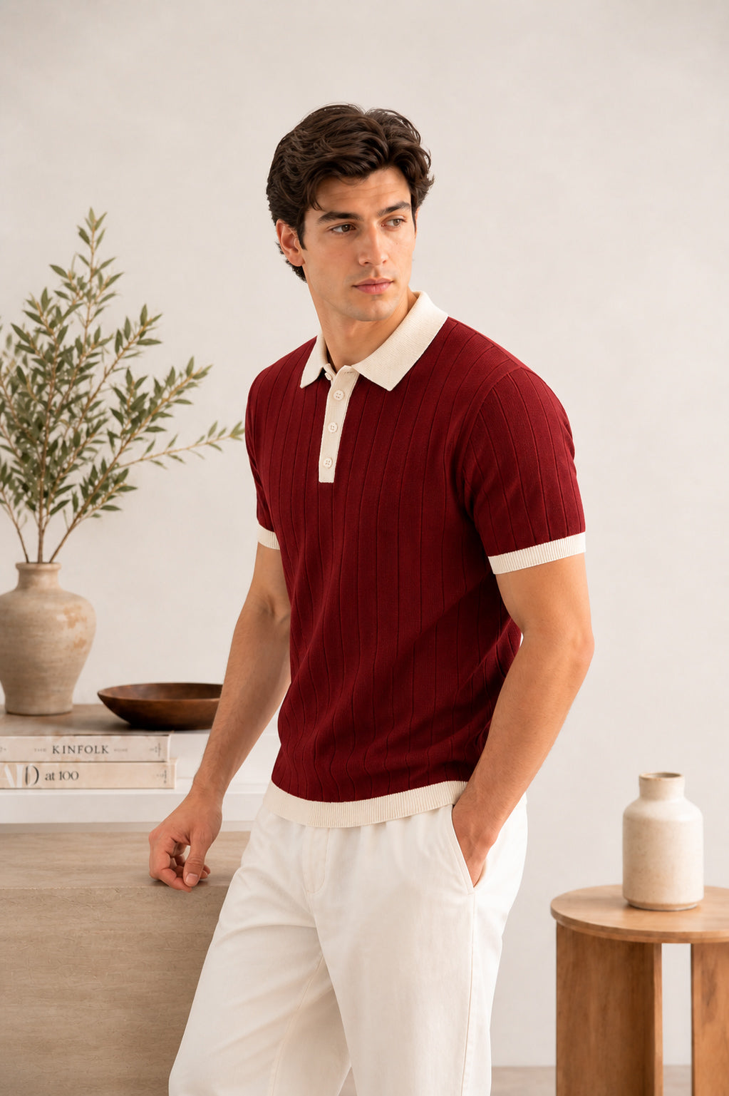 Maroon Classic Contrast Knit Polo - Men