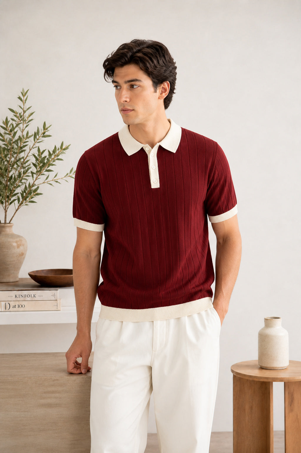 Maroon Classic Contrast Knit Polo - Men