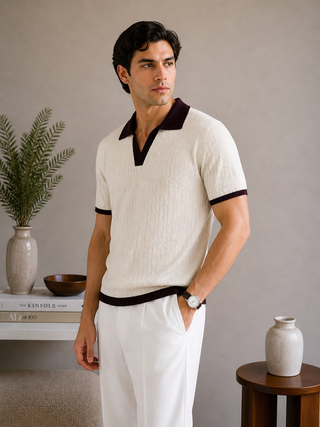 Ecru Heritage Knit Contrast Knit Polo - Men