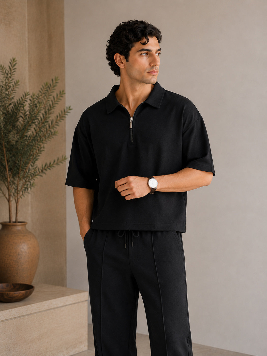 Black Jersey Coord Set - 2PC - Men - Men