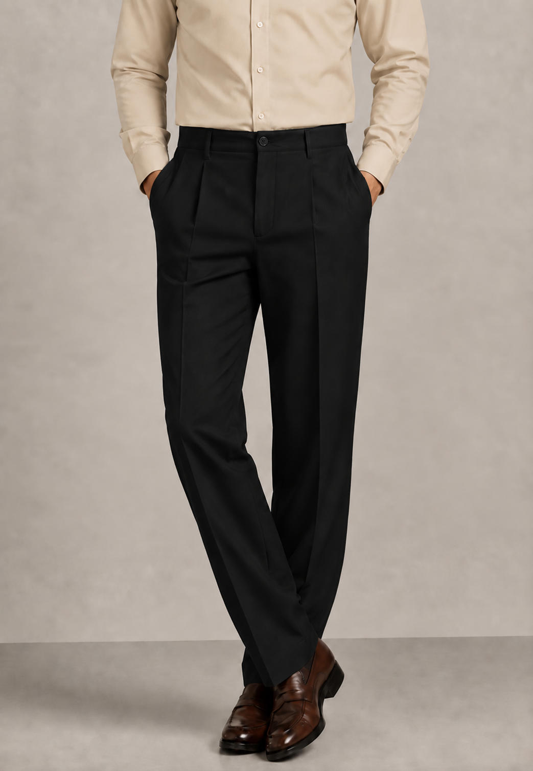 Black Elasticated Single-Pleat Straight Dress Pants