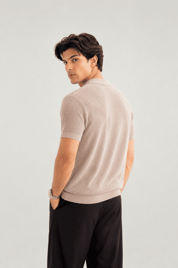 Taupe Atelier Textured Knit Polo