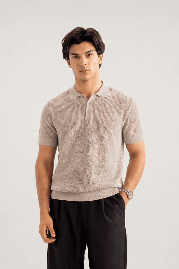 Taupe Atelier Textured Knit Polo