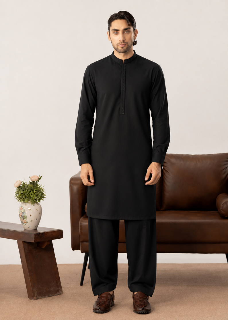 Formal Black Kurta Shalwar - Collar Neck Embroidered - Men